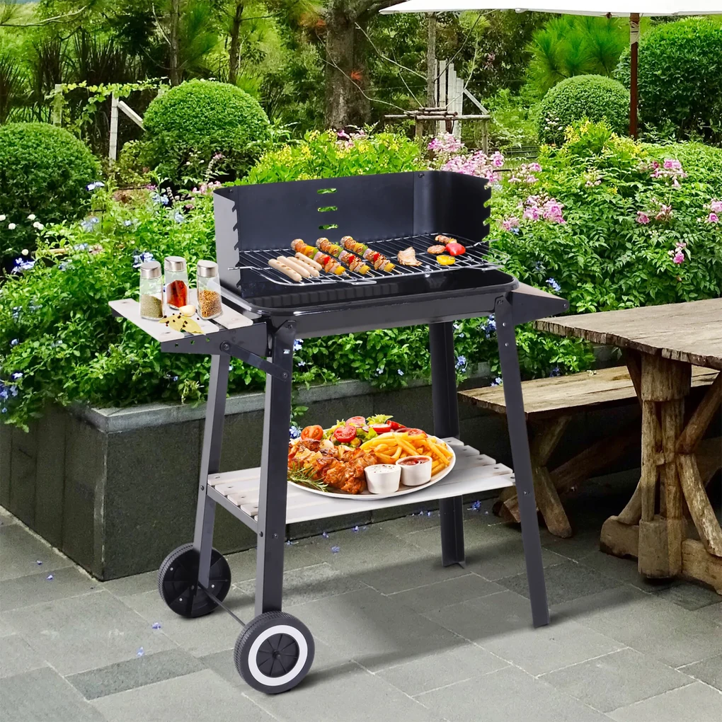 Outsunny Gril cu Carbune Barbecue Picnic Inaltime Reglabila Negru 87x 45 x 83 cm | Aosom Romania