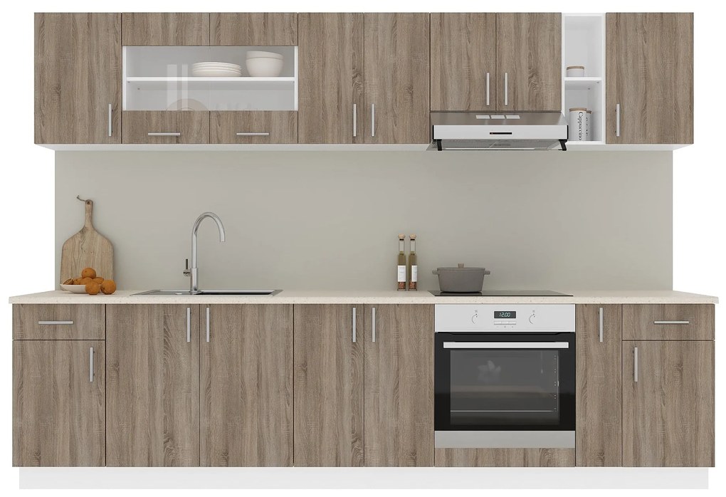 Set Bucatarie Karo V25, Stejar Sonoma Inchis/Alb, Blat Thermo 28 mm, L 300 cm