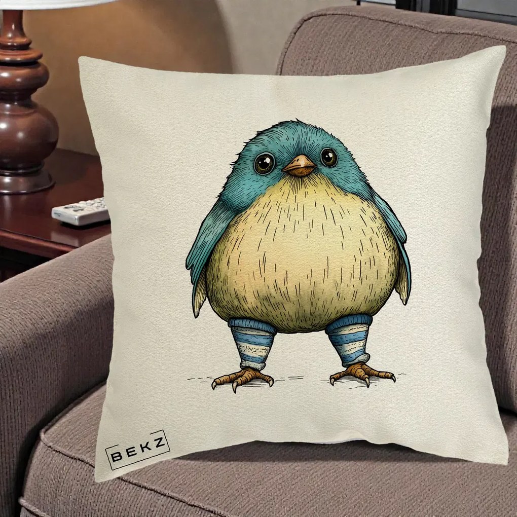 Perna Decorativa Pasare Albastra cu Sosete Albastre, 40x40 cm, Ecru, Husa Detasabila, Perna Inclusa, BEKZ®
