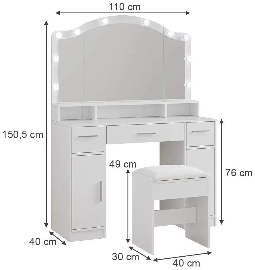 SEA809 - Set Masa toaleta 110 cm, cosmetica, machiaj, oglinda cu LED, masuta vanity cu scaun tapitat - Alb