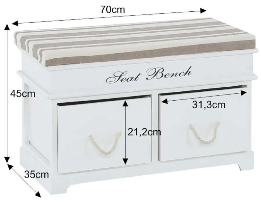 Bancă cu pernă, 2 sertare, alb/maro deschis, SEAT BENCH 1 NEW