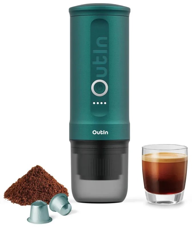 Espressor portabil Outin Nano Teal, 12/24 V, 7500mAh, 20bar, 80ml, Incarcare USB, Cafea macinata si capsule, Turcoaz