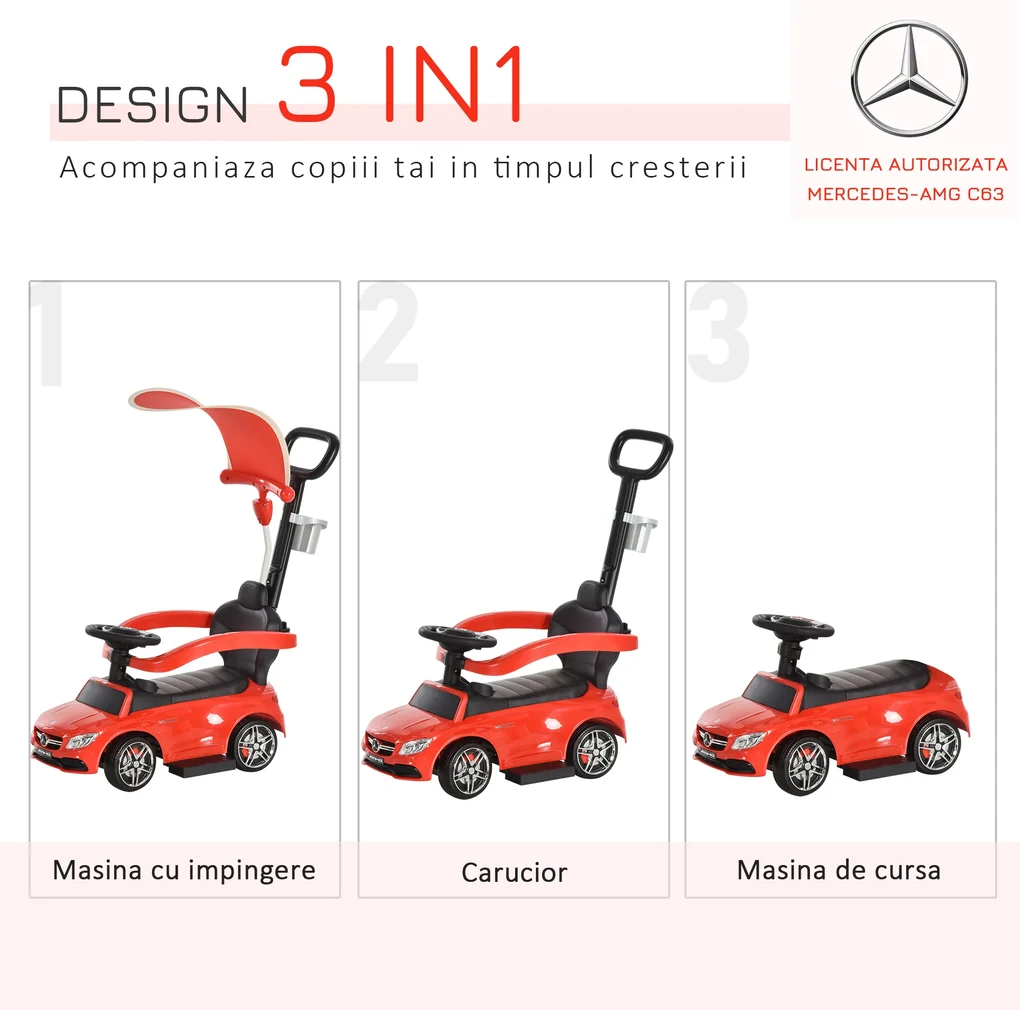 HOMCOM Mașină cu Maner pentru Copii, Licență Mercedes, Acoperiș și Bare de Siguranță Detasabile, Roșie | Aosom Romania