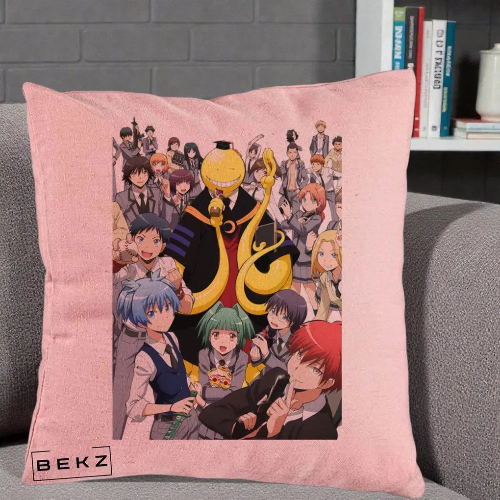 Perna Personalizata Assassination Classroom Grup Complet Anime, 40x40 cm, Roz, Husa Detasabila, Perna Inclusa, BEKZ®