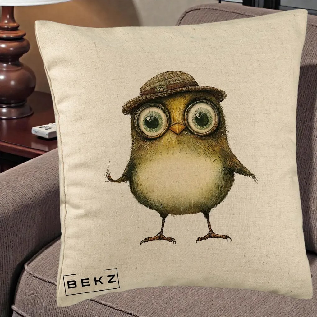 Perna Decorativa Pui Intelectual cu Palarie Tweed, 40x40 cm, Bej, Husa Detasabila, Perna Inclusa, BEKZ®