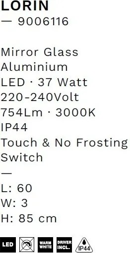 Oglinda cu iluminat LED pentru baie IP44 LORIN 60x85cm