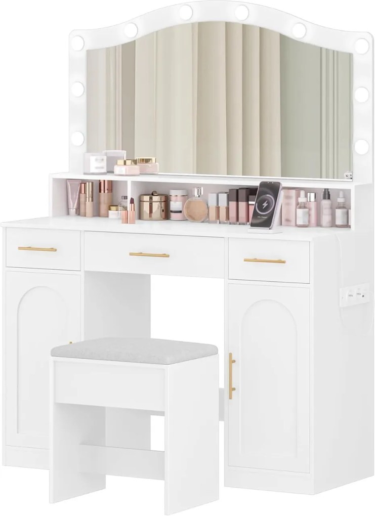 SEA487 - Set Masa toaleta alba, 108 cm cosmetica machiaj, oglinda cu LED, scaun tapitat, masuta vanity cu Priza si USB si Manere Aurii