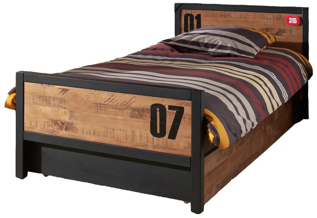 Pat Copii ALEX 90x200 cm, Pin Masiv și Metal Negru, cu Sertar Multifuncțional – Vipack