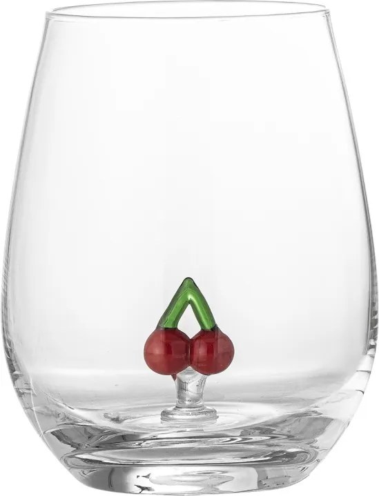 Pahar din sticlă suflată manual, transparent, cu decor de cireșe pictat în interior, 9x12 cm, 560 ml, „Misa"