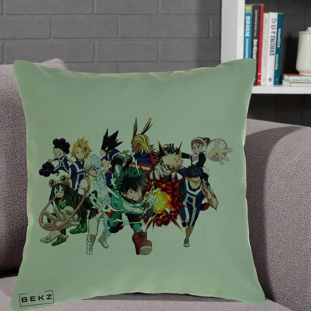 Perna Personalizata My Hero Academia Clasa 1-A Complet, 40x40 cm, Verde, Husa Detasabila, Perna Inclusa, BEKZ®