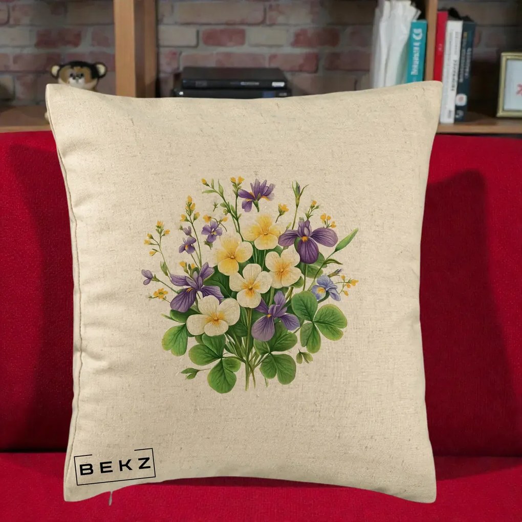 Perna Decorativa Viorele Iris Violet si Trifoi, 40x40 cm, Bej, Husa Detasabila, Perna Inclusa, BEKZ®