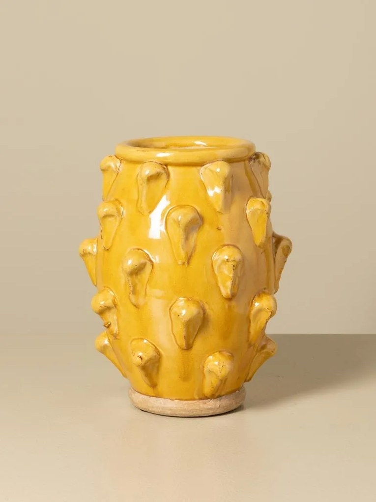 Set vază și farfurie din ceramică artizanală galbenă cu detalii sculptate în relief, finisaj lucios, 24×30 cm, „Soleil"