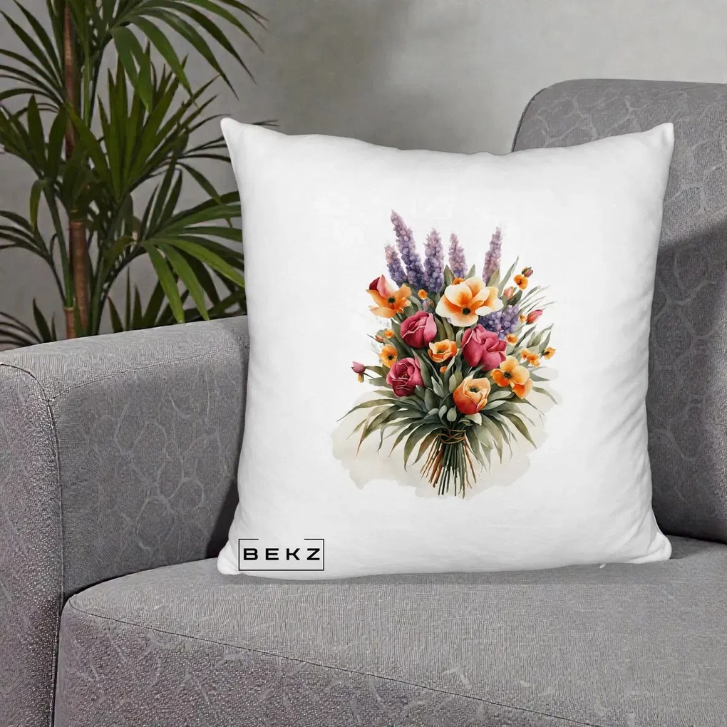 Perna Decorativa Buchet Mixt Acuarela Lavanda-Trandafiri, 40x40 cm, Alb Pufos, Husa Detasabila, Perna Inclusa, BEKZ®