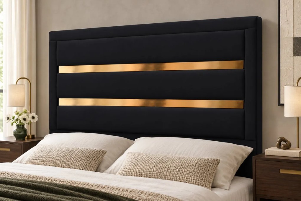 Pat tapițat din catifea Noren 180×200 cm, negru, detalii aurii, cu ladă de depozitare