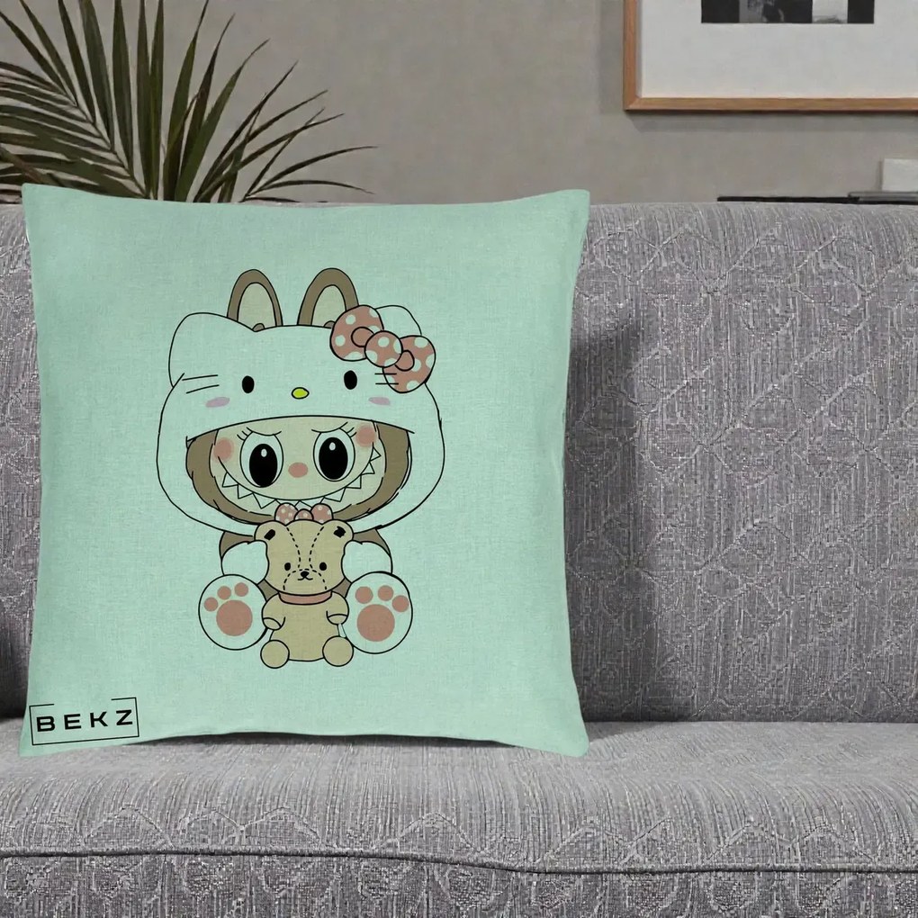 Perna Personalizata Labubu x Hello Kitty, 40x40 cm, Verde Menta, Husa Detasabila, Perna Inclusa, BEKZ®