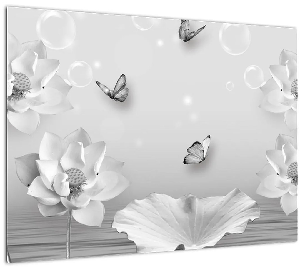 Tablou pe sticlă - Design flori și fluturi (70x50 cm)