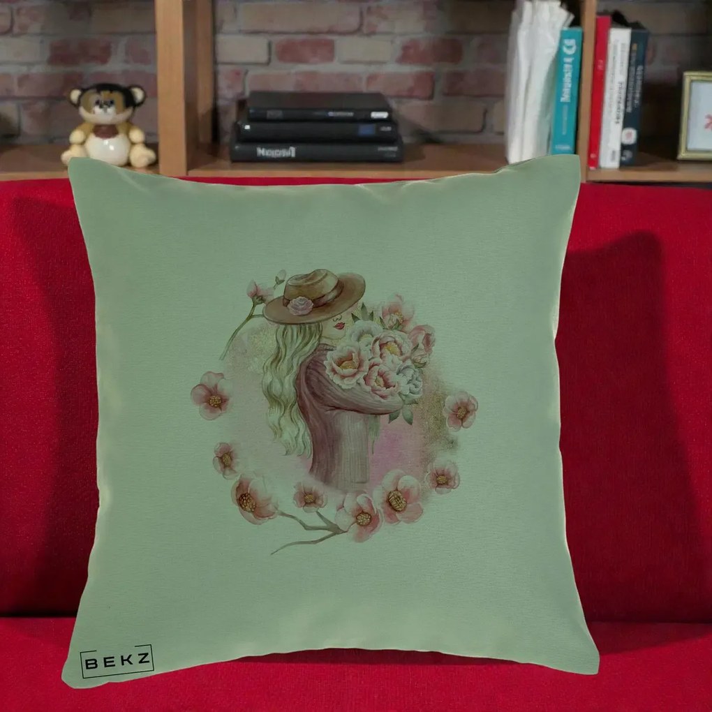 Perna Decorativa Femeie cu Flori Roz Acuarela, 40x40 cm, Verde, Husa Detasabila, Perna Inclusa, BEKZ®