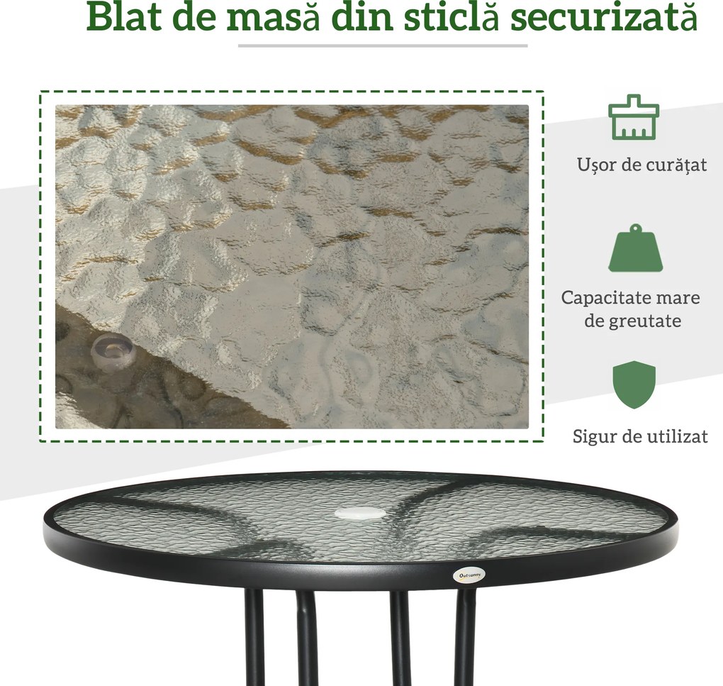 Outsunny Masă de Grădină Rotundă 80 cm cu Orificiu pentru Umbrelă, Masă de Cafea pentru Exterior cu Blat din Sticlă Temperată, Cadru Metalic, pentru Terasă, Balcon, Negru | Aosom Romania