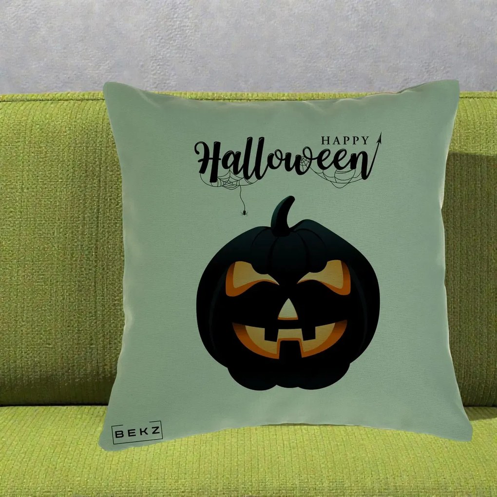 Perna Decorativa Happy Halloween Dovleac Negru cu Paianjen, 40x40 cm, Verde, Husa Detasabila, Perna Inclusa, BEKZ®