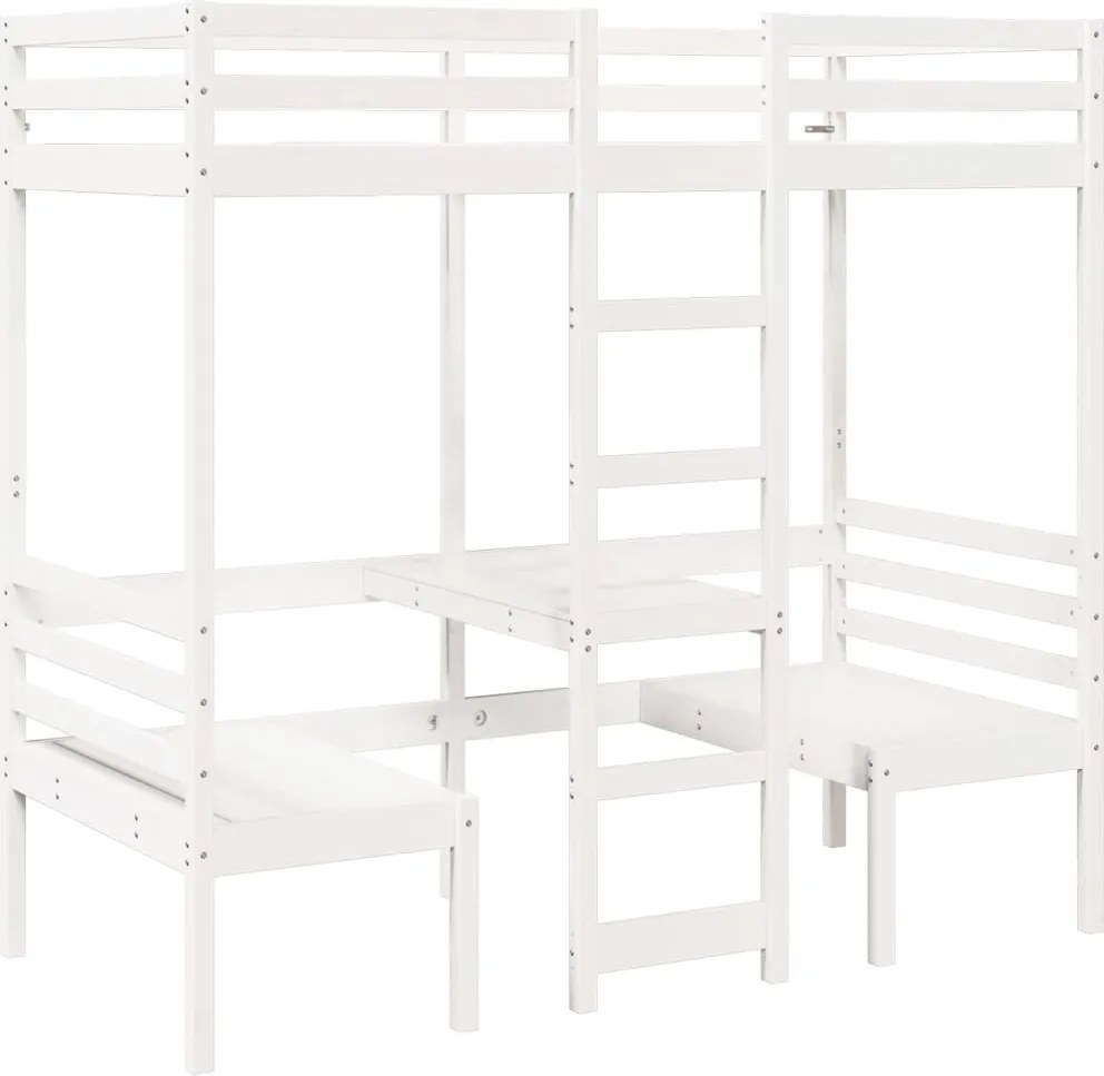 vidaXL Cadru pat etajat, birou/scaune, alb, 80x200 cm, lemn masiv pin