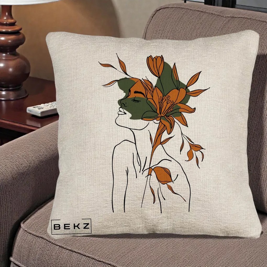 Perna Decorativa Portret Feminin Crin Auriu, 40x40 cm, Bej Canapea, Husa Detasabila, Perna Inclusa, BEKZ®
