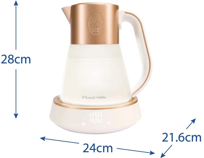 Russell Hobbs Calm Kettle 27450-70, 2400W, 1,7 l, 40-100°C, Fierbere silențioasă, butoane tactile, alerte sonore, 6 culori schimbătoare, Protect, fără BPA și PFAS, alb/dorat
