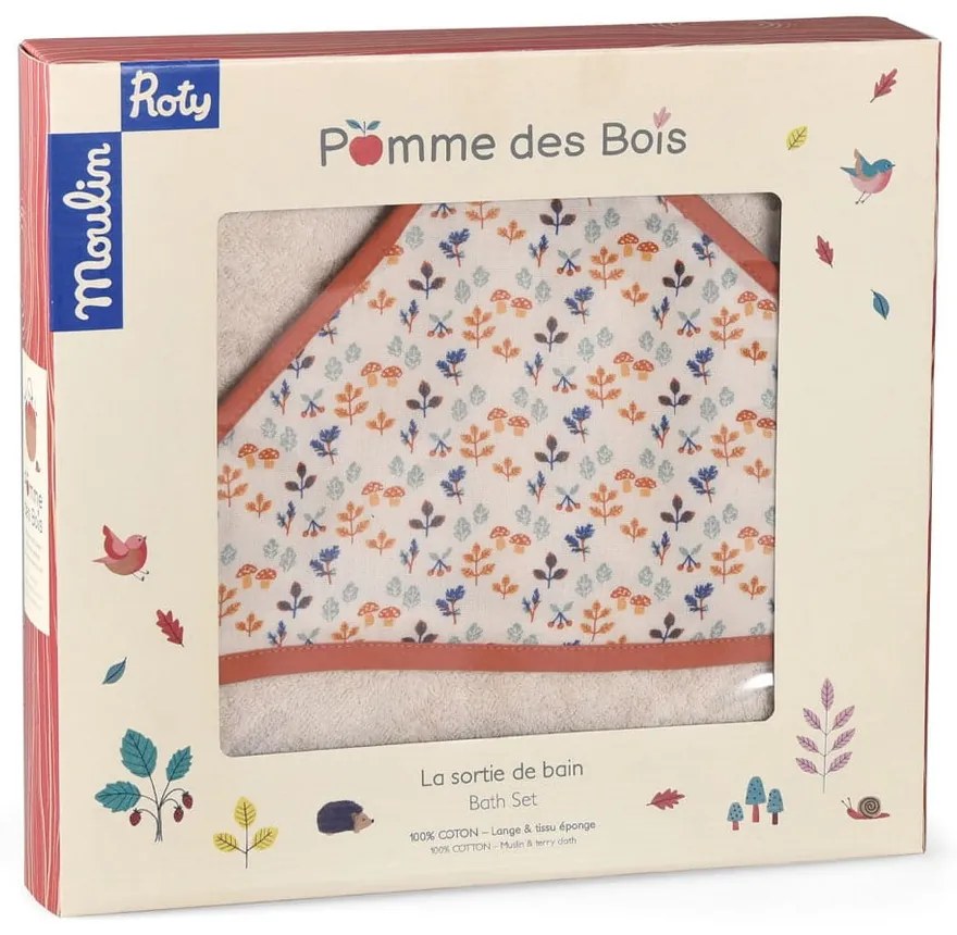 Prosop pentru copii din bumbac crem cu glugă 80x80 cm Pomme des Bois - Moulin Roty