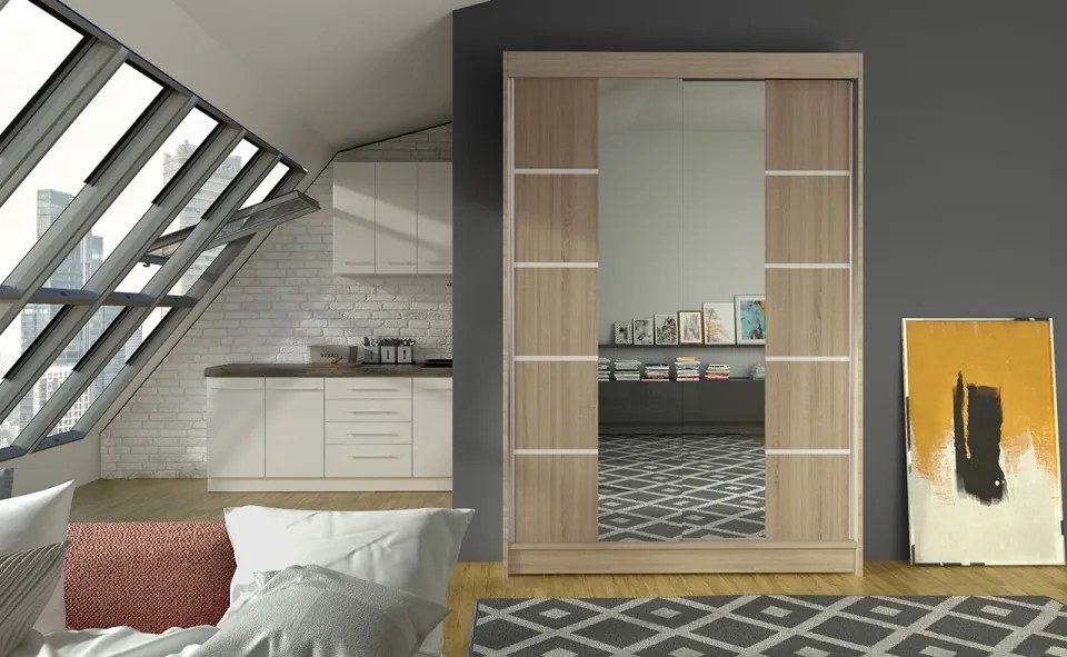Dulap Dormitor Genua ADRK 120 x 200 cm cu Uși Glisante și Oglindă | Design Modern | Spații de Depozitare Generoase (Culoare: Negru)