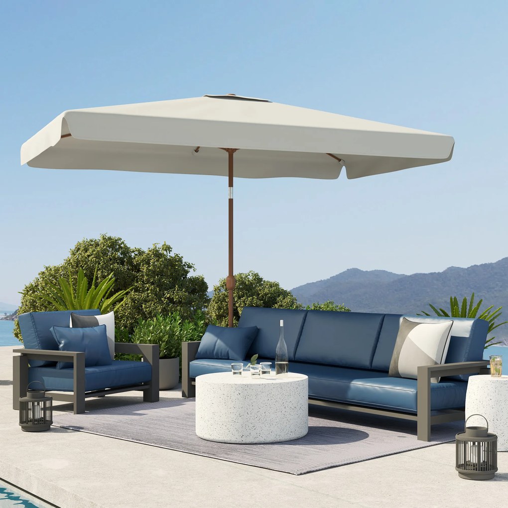 Outsunny Umbrelă de Grădină 2x3 m Inclinabilă cu Deschidere cu Manivelă, Orificiu de Ventilație și Margine cu Volane, Umbrelă de Exterior Dreptunghiulară Anti-UV 50+ din Aluminiu și Poliester de 180 g/㎡, Crem | Aosom Romania