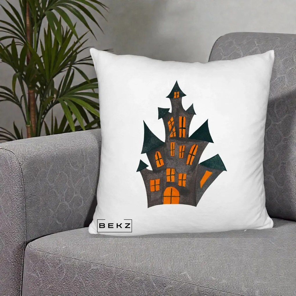 Perna de Halloween Casa Bantuita Minimalista, 40x40 cm cu Umplutura, Alb Pufos, BEKZ