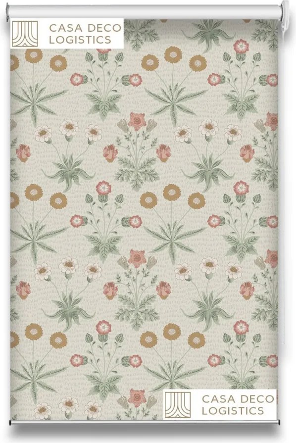 Roletă textilă Floral 8010 albă cu model floral pastel verde și bej