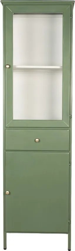 Dulap înalt din metal, verde, cu 2 uși, una vitrată, 1 sertar, 1 raft și laturi din sticlă, 184 x 54 x 42 cm, „Merville”