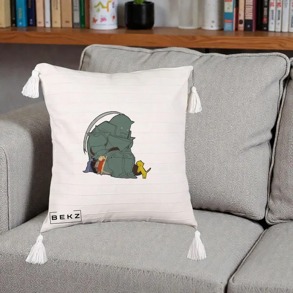 Perna Personalizata Fullmetal Alchemist Alphonse cu Pisici, 40x40 cm, Bej cu Franjuri, Husa Detasabila, Perna Inclusa, BEKZ®