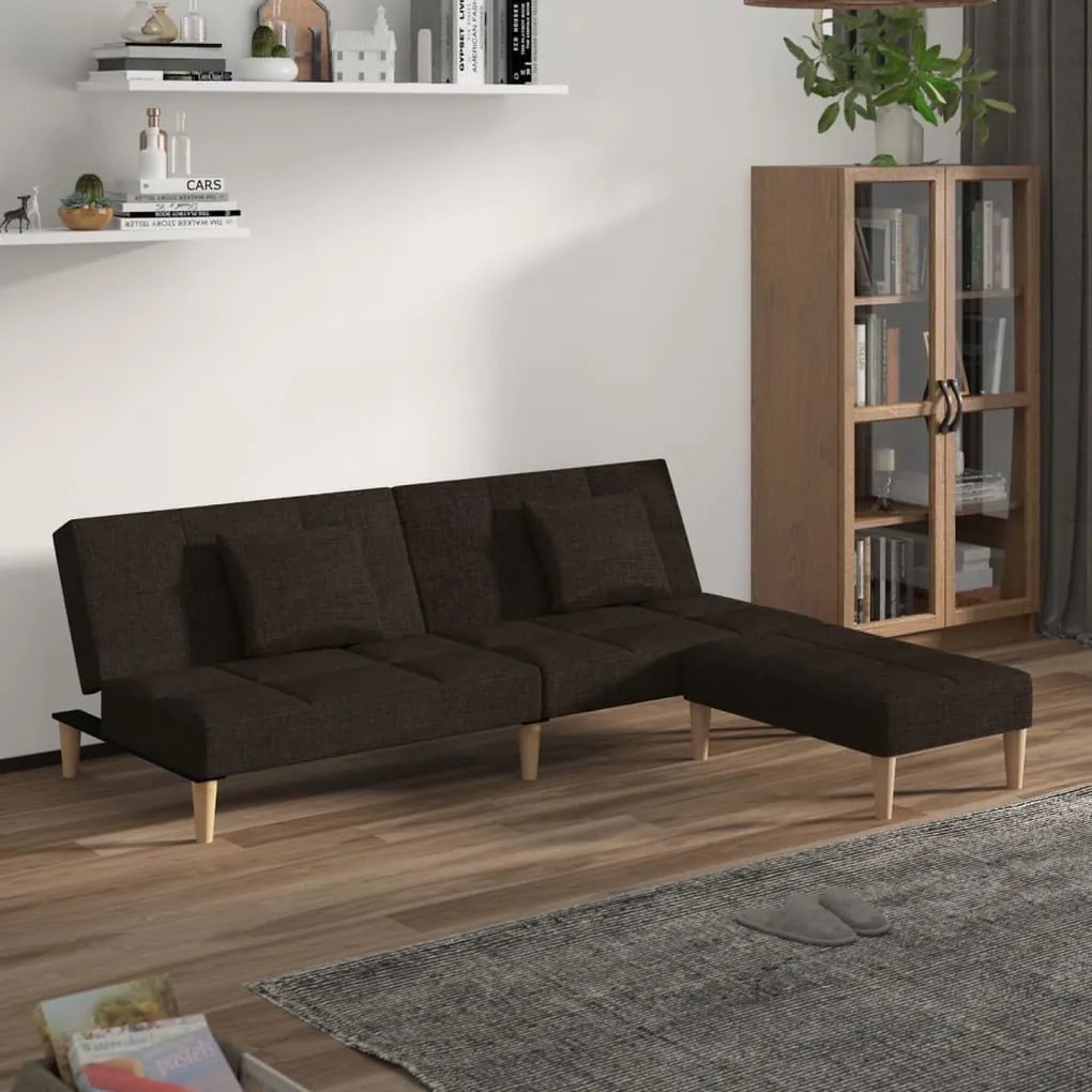 3080604 vidaXL Canapea extensibilă 2 locuri,2 perne&taburet maro închis textil