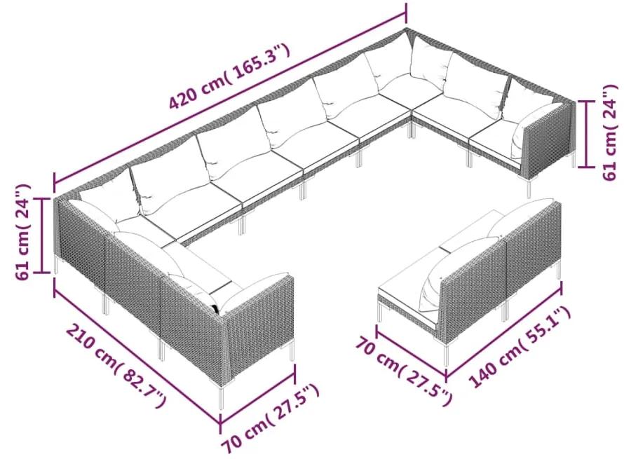 Set mobilier de gradina cu perne 12 piese gri inchis poliratan 4x colt + 8x mijloc, 1