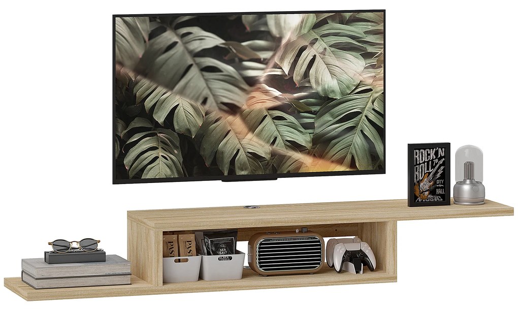 HOMCOM Suport TV mural flotant suspendat - raft perete flotant - nisa, treceri cabluri - stejar deschis | Aosom Romania