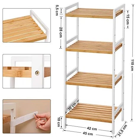 Etajera Multifunctionala cu 4 Rafturi, Bambus, Alb / Natur, Vasagle, BCB74WN