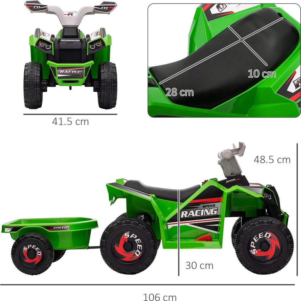 HOMCOM ATV Electric pentru Copii cu Remorcă, Pedală, Mers Înainte și Înapoi, 2,5 km/h, 18-36 Luni, Verde | Aosom Romania