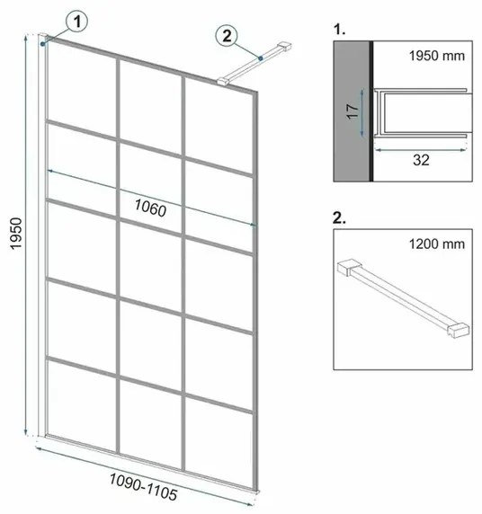 Paravan de dus tip Walk-in Rea Bler-1 110x195 cm si etajera cu suport negru