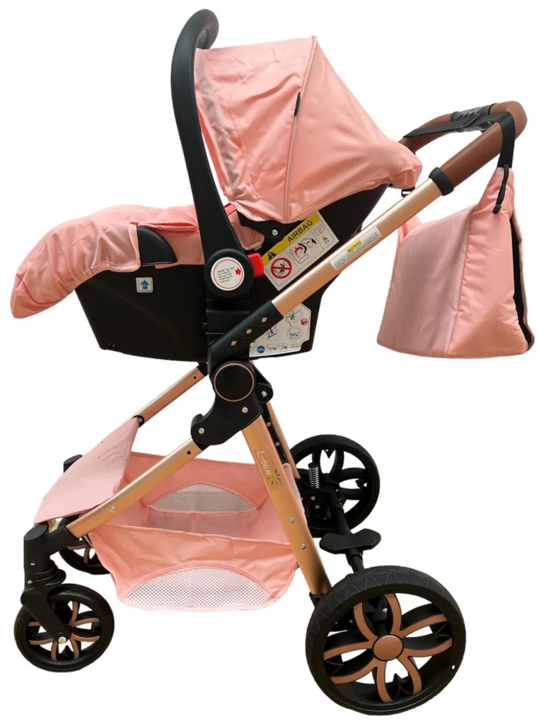Carucior 3 in 1 transformabil in mod sport cu landou si geanta, 0-36 luni, Roz - CPC-12-roz