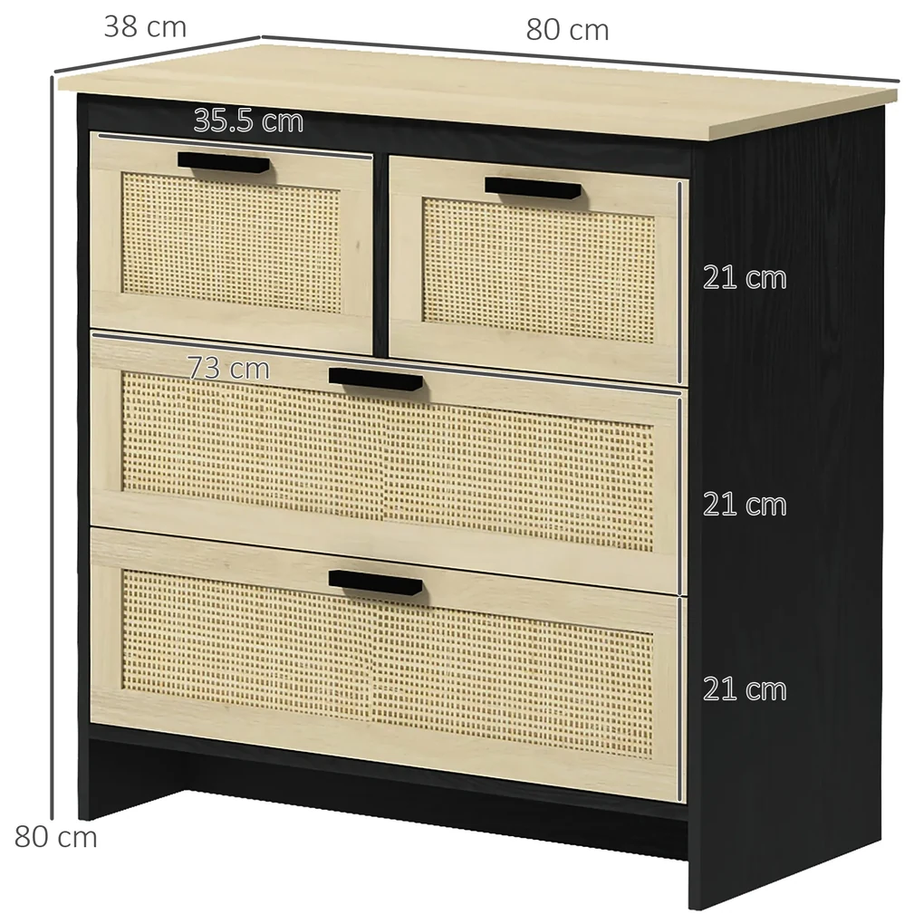 HOMCOM Comodă 4 Sertare, Mobilier Sufragerie/Dormitor, PAL și Ratan, 80x38x80cm, Negru/Lemn Natural | Aosom Romania