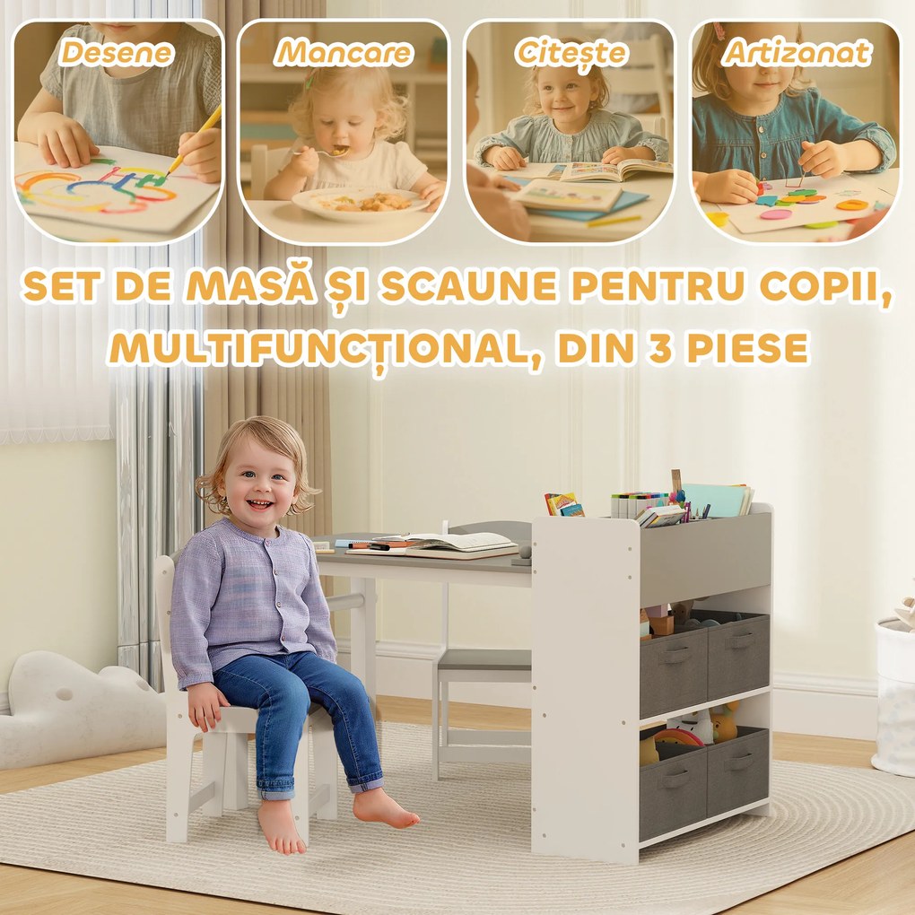 AIYAPLAY Mobilier pentru Copii 3-8 Ani cu 2 Scaune și Masă Gri și Alb | Aosom Romania