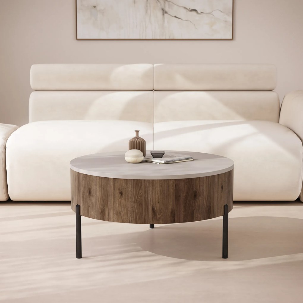 Mazzoni FRIDA Bej Taupe / Nuc Elegant – MĂSUȚĂ DE CAFEA MODERNĂ CU BLAT RABATABIL ȘI SPAȚIU DE DEPOZITARE