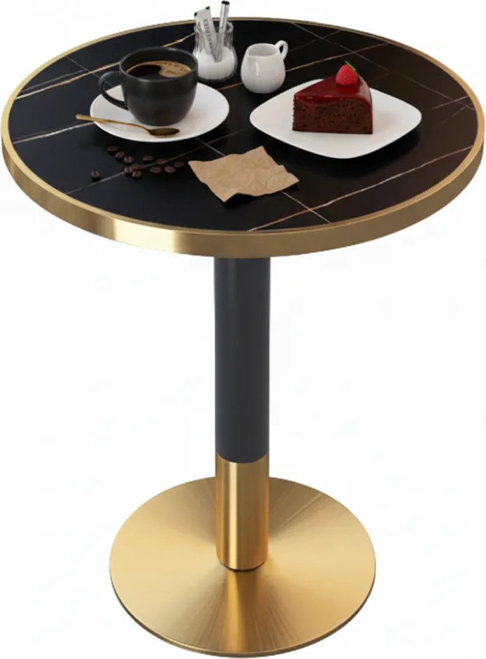 Masă bistro de sufragerie, marmură neagră/negru/auriu, diametru 80 cm, OREN