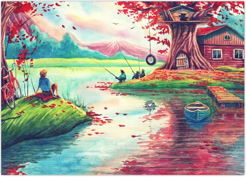 Tablou - Acuarelă, Golf într-un sat de munte (70x50 cm)