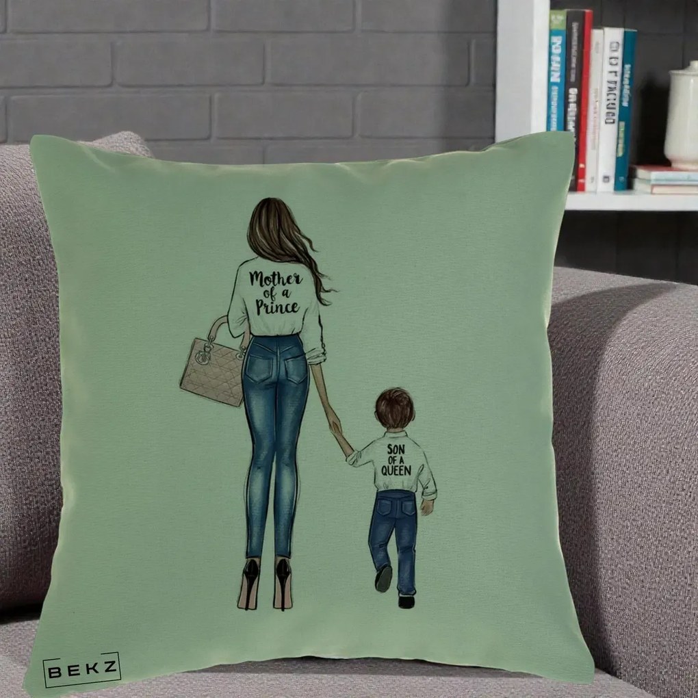 Cadou pentru Mama - Perna Personalizata, Model Mother of a Prince, 40x40 cm, Verde, Husa Detasabila, Perna Inclusa, BEKZ®