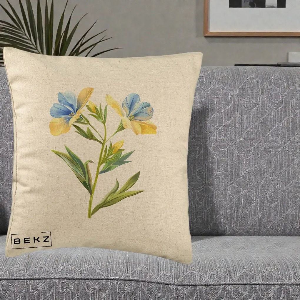 Perna Decorativa Botanica Frezie Galbena si Albastra, 40x40 cm, Bej, Husa Detasabila, Perna Inclusa, BEKZ®