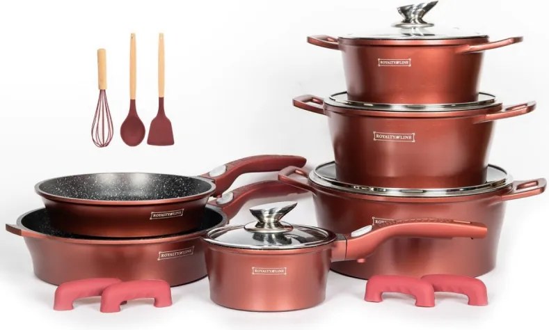 Set oale si tigai Royalty Line RL-ES2014M, 17 piese, Acoperire din marmurа, Inductie, Burgund
