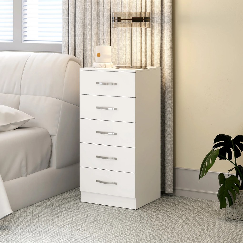 HOMCOM Comodă cu 5 Sertare, Design Modern, Slim, cu Mânere Argintii, Ideală pentru Dormitor, Cameră, Hol sau Living, Dimensiuni 40x35x85 cm, Alb | Aosom Romania