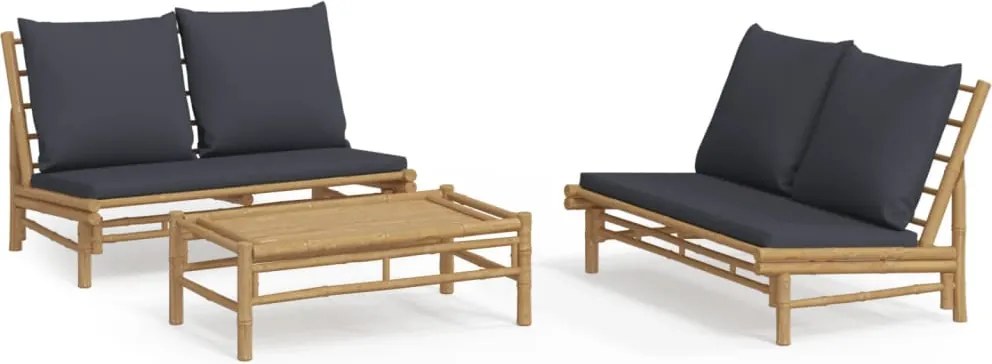vidaXL Set mobilier de grădină, perne gri închis, 3 piese, bambus
